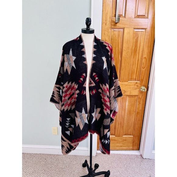 Forever 21 Red Brown Western Wrap Kimono Cardigan OS Rodeo Cowgirl Festival - Picture 2 of 5